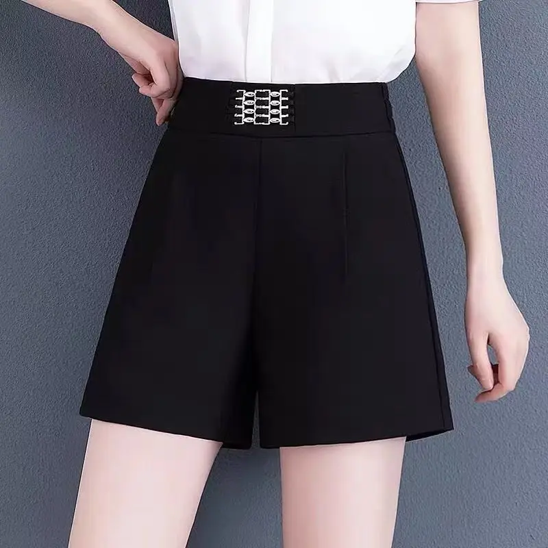 2024 Summer Women's New Spliced Elasticized High-waisted Pocket Folds Fashion Elegant Solid Color Slim All-match Casual Shorts