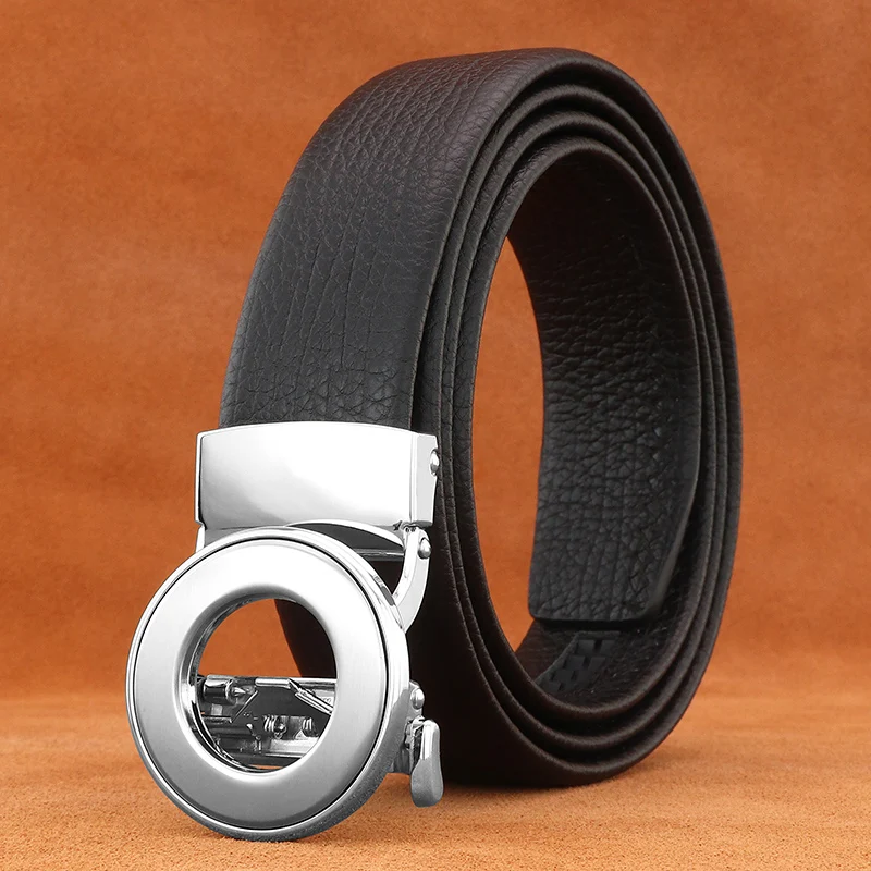 أحزمة بإبزيم أوتوماتيكي بسيط عالي الجودة للرجال، حزام خصر فاخر من الجلد المحبب بالكامل، حزام خصر رسمي أسود #5