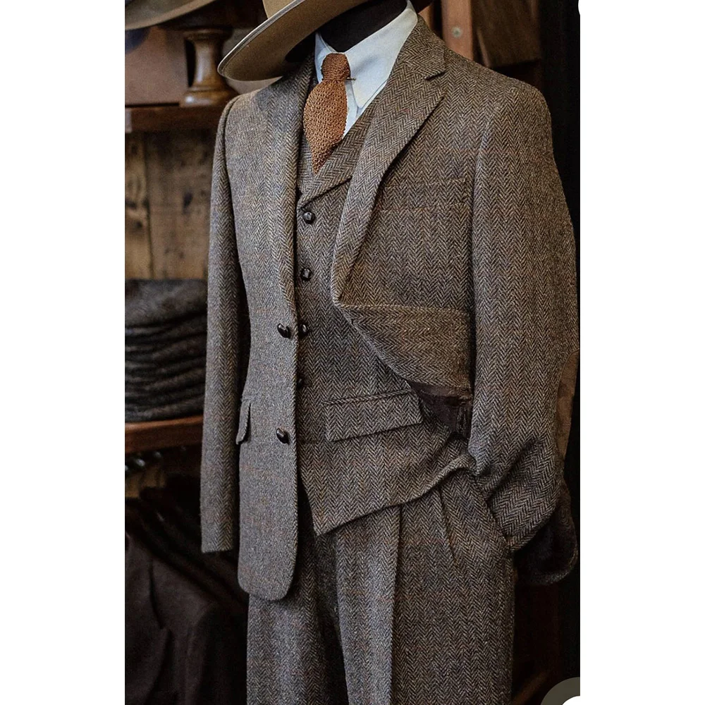 

Mens Herringbone Suit 3 Piece Set Single Breasted Casual Business Suits for Men Comfortable Breathable Blazer Pants Vest Formal