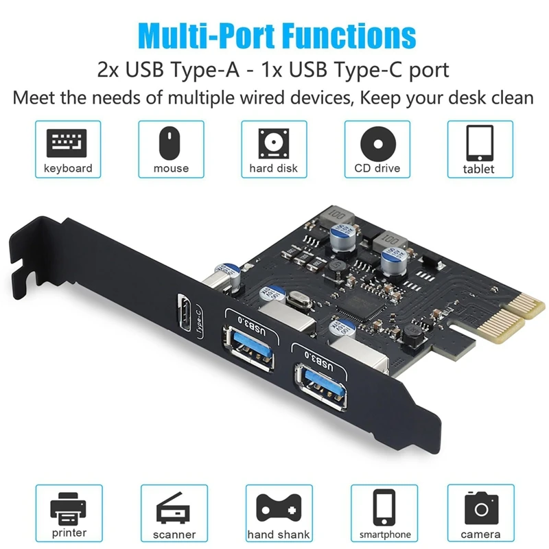 USB PCIE Card 18W Power Delivery, PCI Express 3 Port (Type C, 2 X Type A) Pcie USB 3.0 Fast Charging Card Expansion Card
