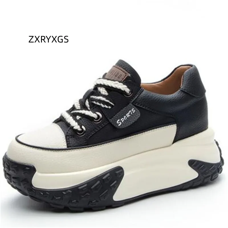 

ZXRYXGS Non-slip Comfort Thick Sole Heightening Shoes Woman Shoes Trend Sneaker 2023 Spell Color Cowhide Casual Shoes Size 32-39