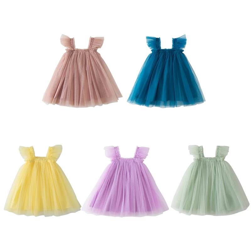 

Summer Toddler Girls Sling Dress Sleeveless Solid Color A- line Tulle Princess Dresses A- Line Dress Kids Birthday Party Dress