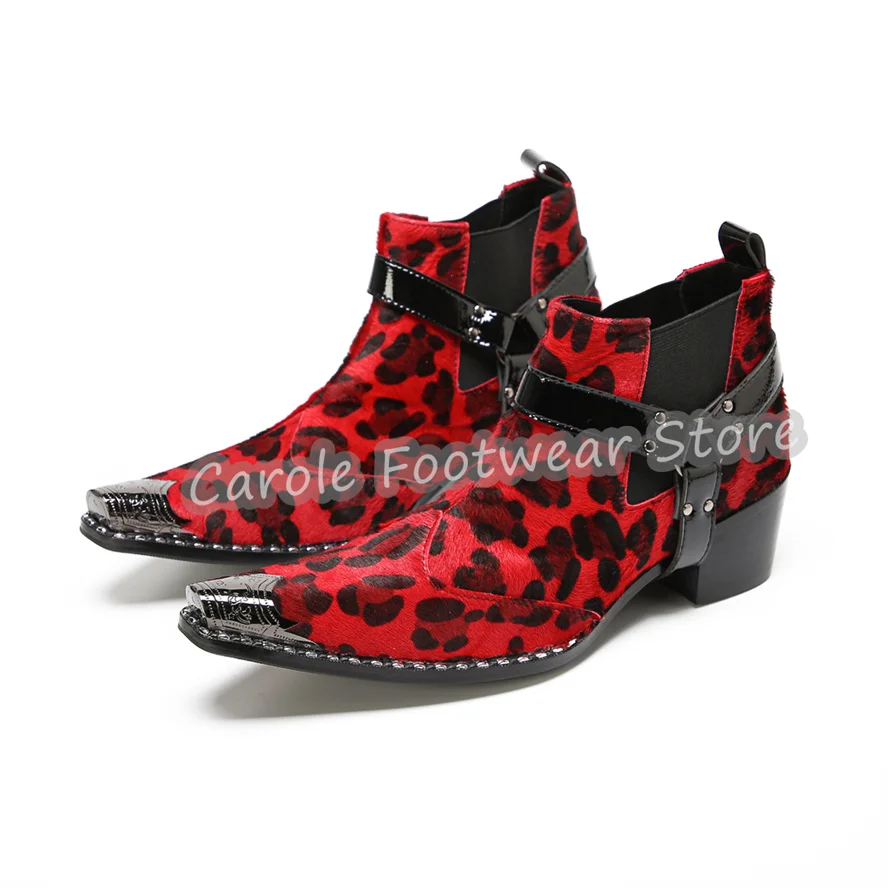 

Leopard Prints Genuine Leather Male Chelsea Boots Metal Square Toe Chunky Heel Belt Buckle Short Boots Men's Formal Dress Shoes