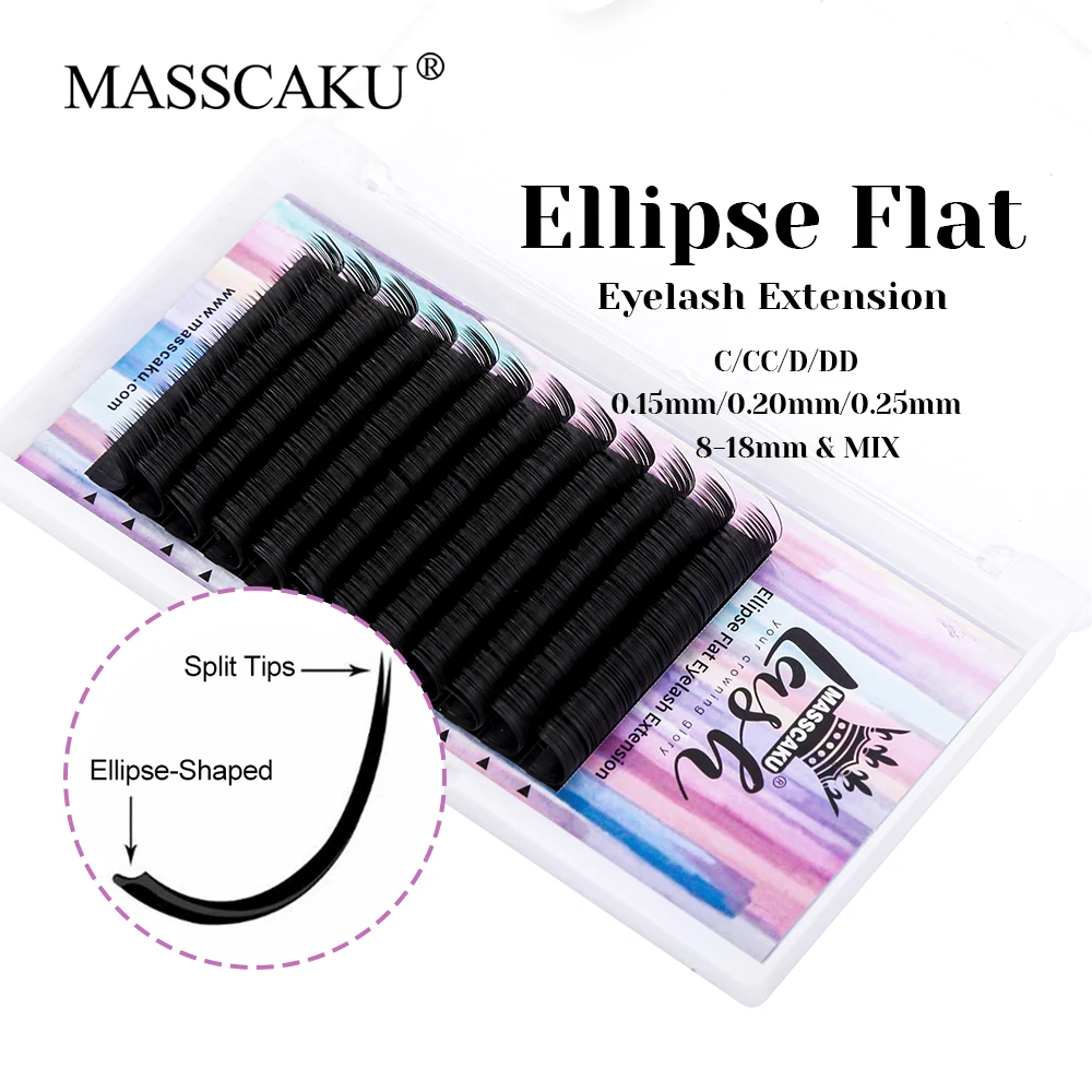 Gran oferta MASSCAKU 0,15/0,20/0,25mm de espesor elipse pestañas planas de larga duración doble punta dividida pestañas en forma para salón de belleza