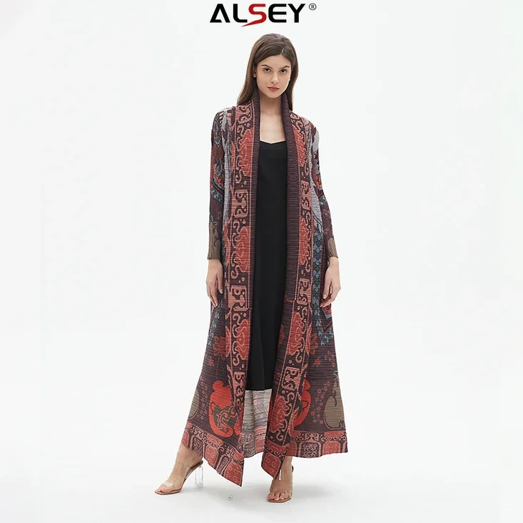 ALSEY Miyake Women's Robes Vintage Print Pleated Fashion Casual Models Loose Plus Size Lace-up Design Dress 2024 Summer New