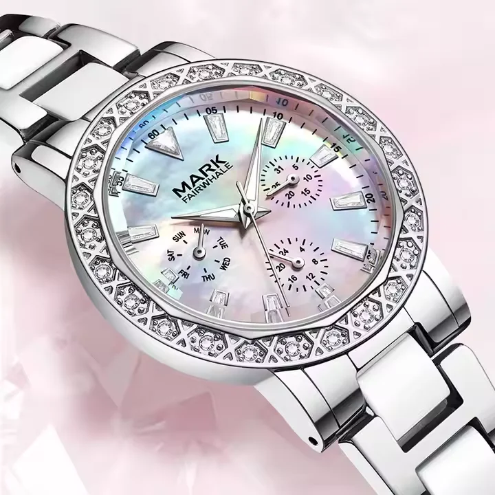 Mark Fairwhale Dress Pink Diamond Quartz Watch for Women Fashion Ceramic Chain Luxury Brilliant Beimu Ladies Wristwatch