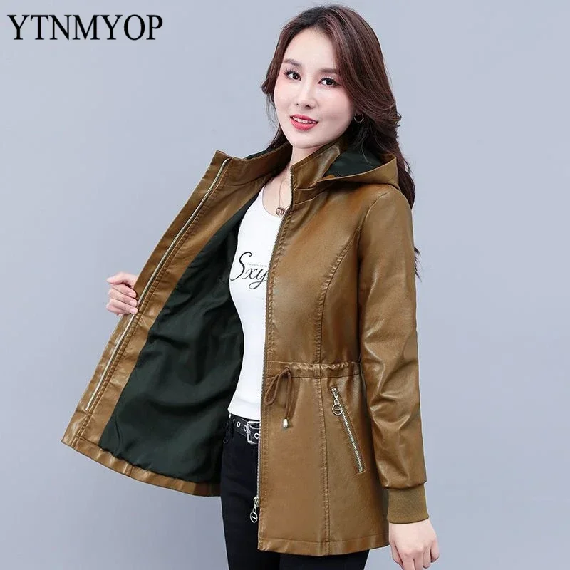 YTNMYOP Slim Fashion Jacket Hooded Leather Coat Women Spring And Autumn Drawstring Clothing High Street Wear Plus Size S-4XL