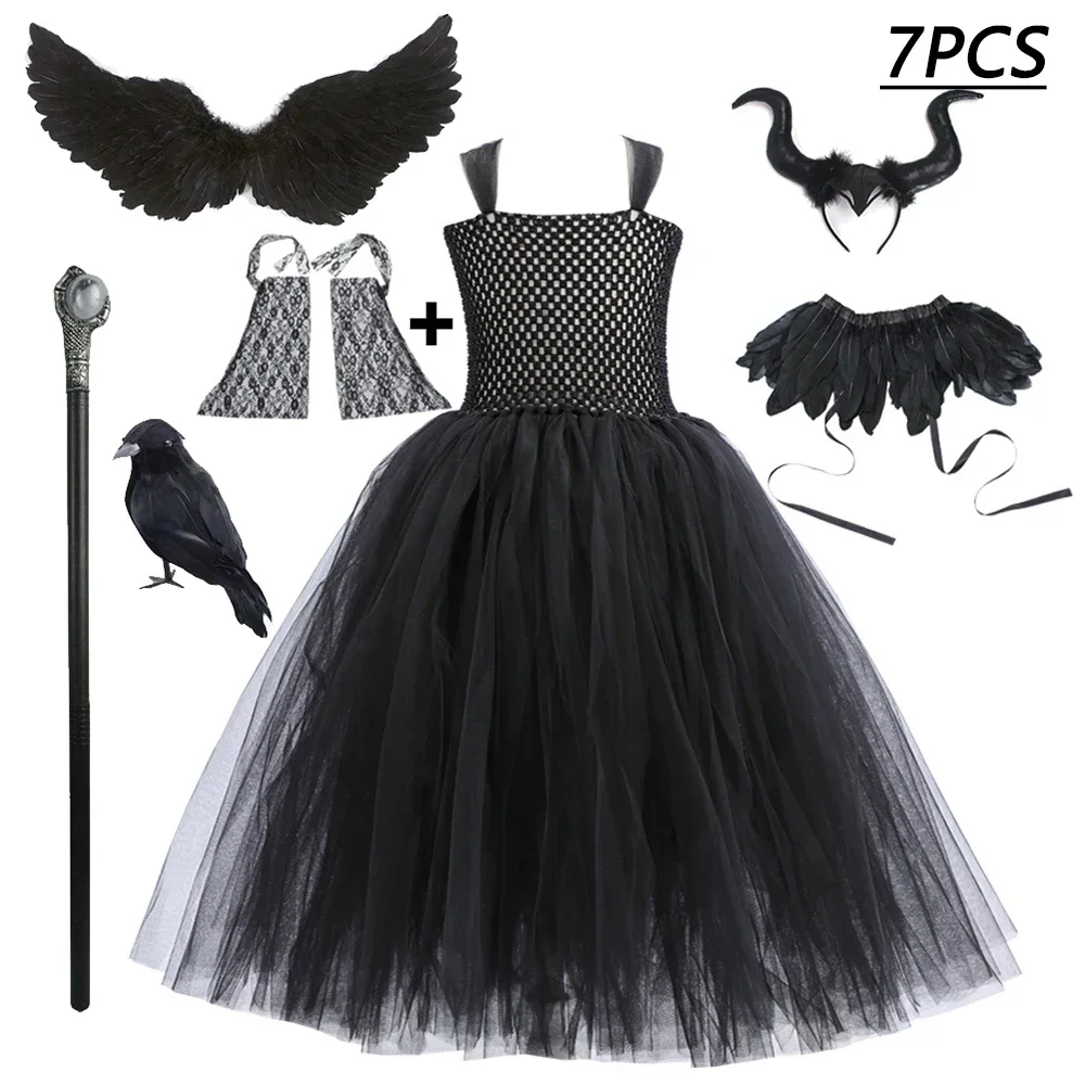 Mädchen Cosplay Kostüm Kleid Kinder Böse Königin Rollenspiel Outfit Schwarzes Federflügel Netz-Tutu-Kleid für Halloween Karneval – Detail 5