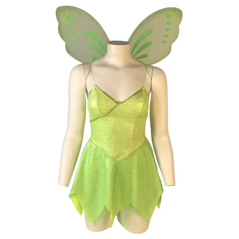Green Women Short Dress Tinker Bell Costume Fairy with Wings Role Play Short Dress Cosplay Slip Dress Hallown Birthday Party