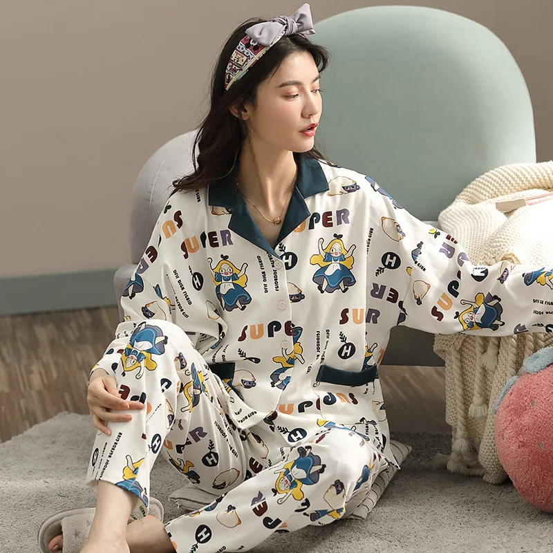 Cute and playful printed women's pajamas lapel cardigan pure cotton women's home clothing spring and autumn