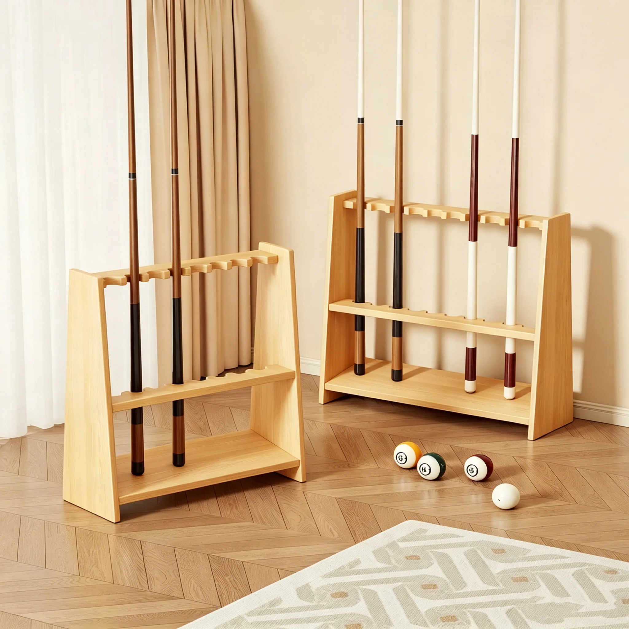 10 Holes Solid Wood Floor Standing Pool Cue Rack, Double Layer Groove Billiard Stick Holder, Game Room Club Storage Organizer