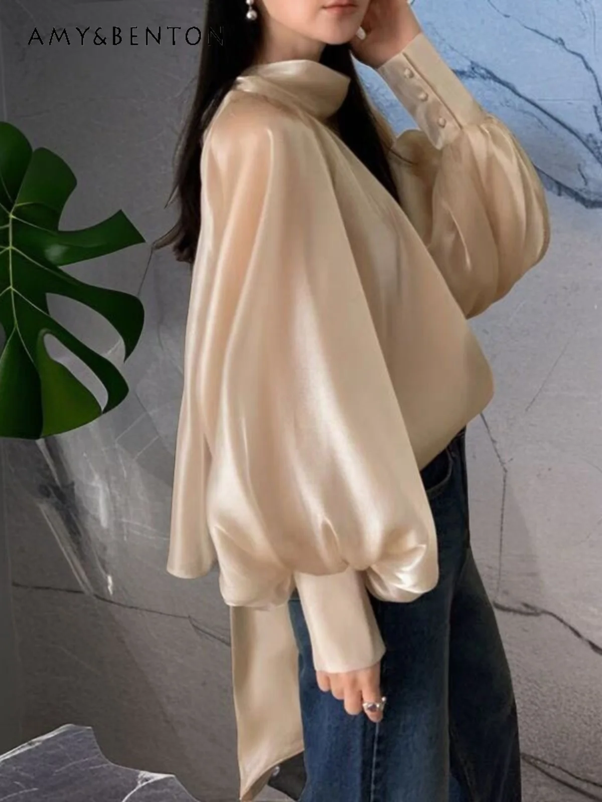 Blusa francesa suave y elegante para mujer, camisa con Lazo de cinta, mangas farol de Organza de alto sentido, Tops de primavera y otoño, nueva moda