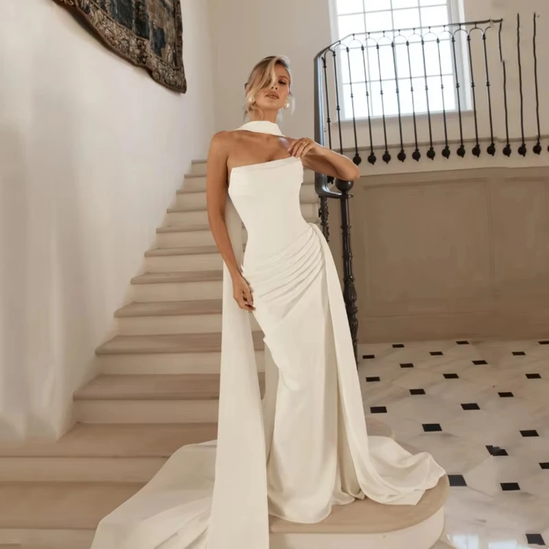 Elegant Mermaid Long Wedding Dresses Ivory Sleeveless Strapless Sexy Pleat Floor-Length Bridal Gowns For Women Backless Lace-up