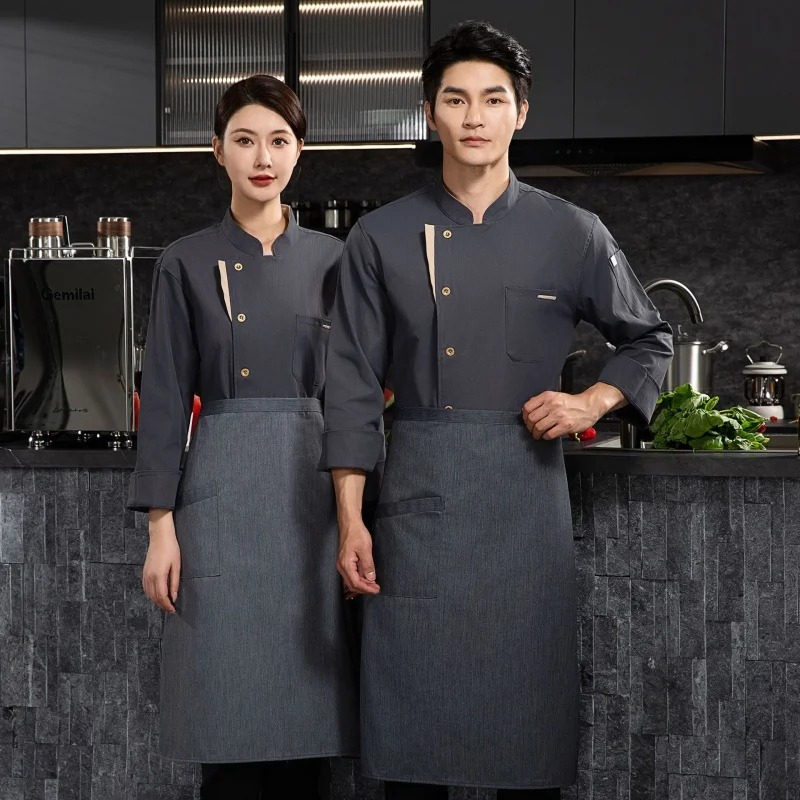 Chef Overalls Long Sleeve Winter Men's Catering Restaurant Hot Pot Restaurant Kitchen Cook Clothes Canteen Waiter Long Sleeve