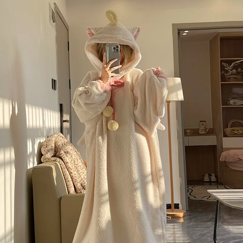 Sweet Cute Hooded Coral Velvet Robe Women Winter Pajamas Plush Thickened Warm Long Sleepwear Nightgown Kawaii Bathrobe Loungwear