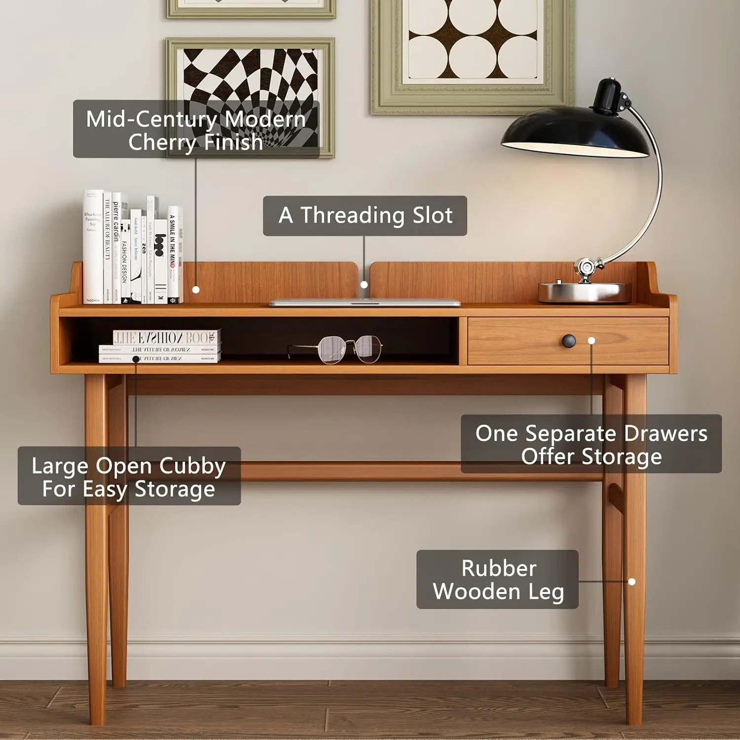 Vintage-Style Desk with Scandinavian Flair, Computer or Laptop Desk, Writing Desk with Drawer and Open Storage Cubby, Small Spac