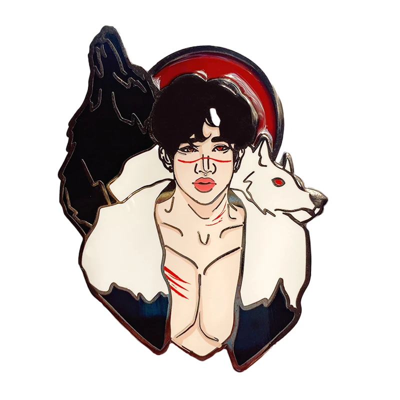 

Supplier Cartoon Wild And Handsome Man Lapel Pin White Wolf And Red Blood Moon Red Stain Glass Hard Enamel Black Nickel Badge