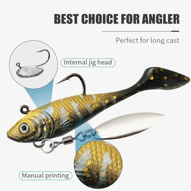 

60mm 7g Pre-Rigged T-Tail Swimbait Soft Lures Jig Head with Spinner Blade for Bass Perch Freshwater Saltwater Fishing