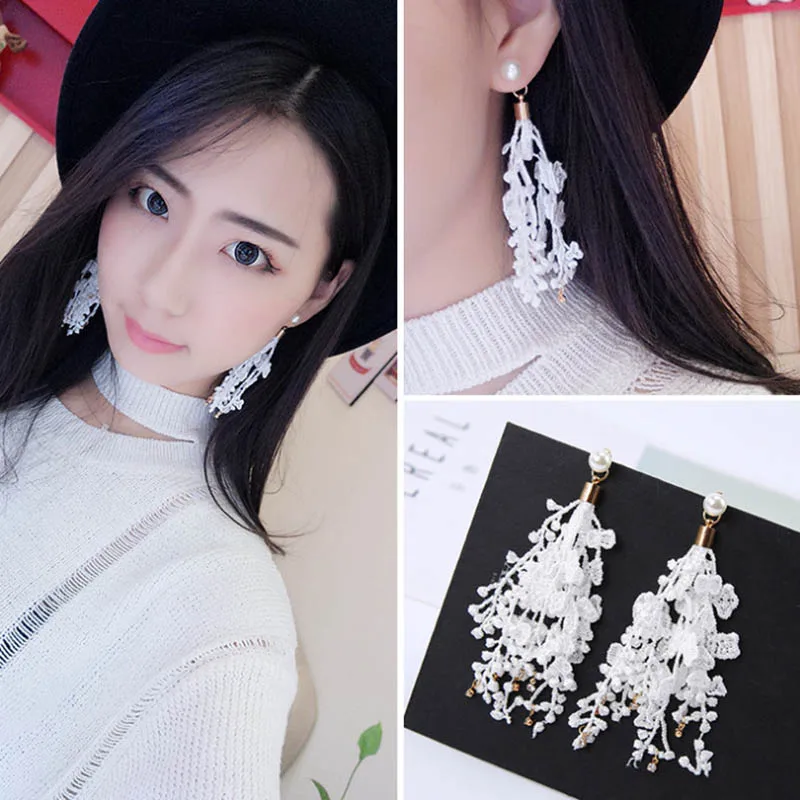 BTWGL Korean Fashion Temperament Ladies Lace Earrings Tassel Streamers Multi-Layer Flower Earrings Bohemian Style Jewelry
