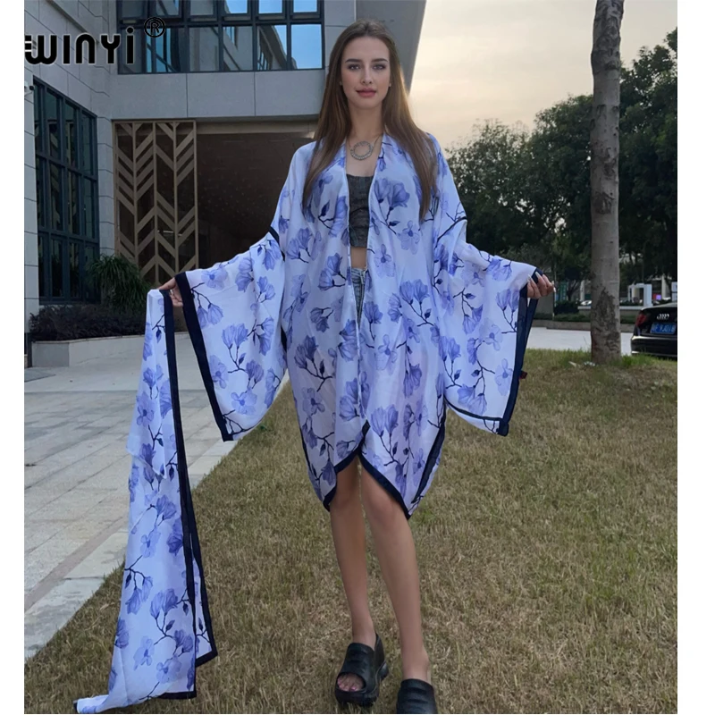 WINYI elegant Kimono Africa print dress Summer beach wear women Cardigan Holiday long Sleeve silk feeling beach outfit for women