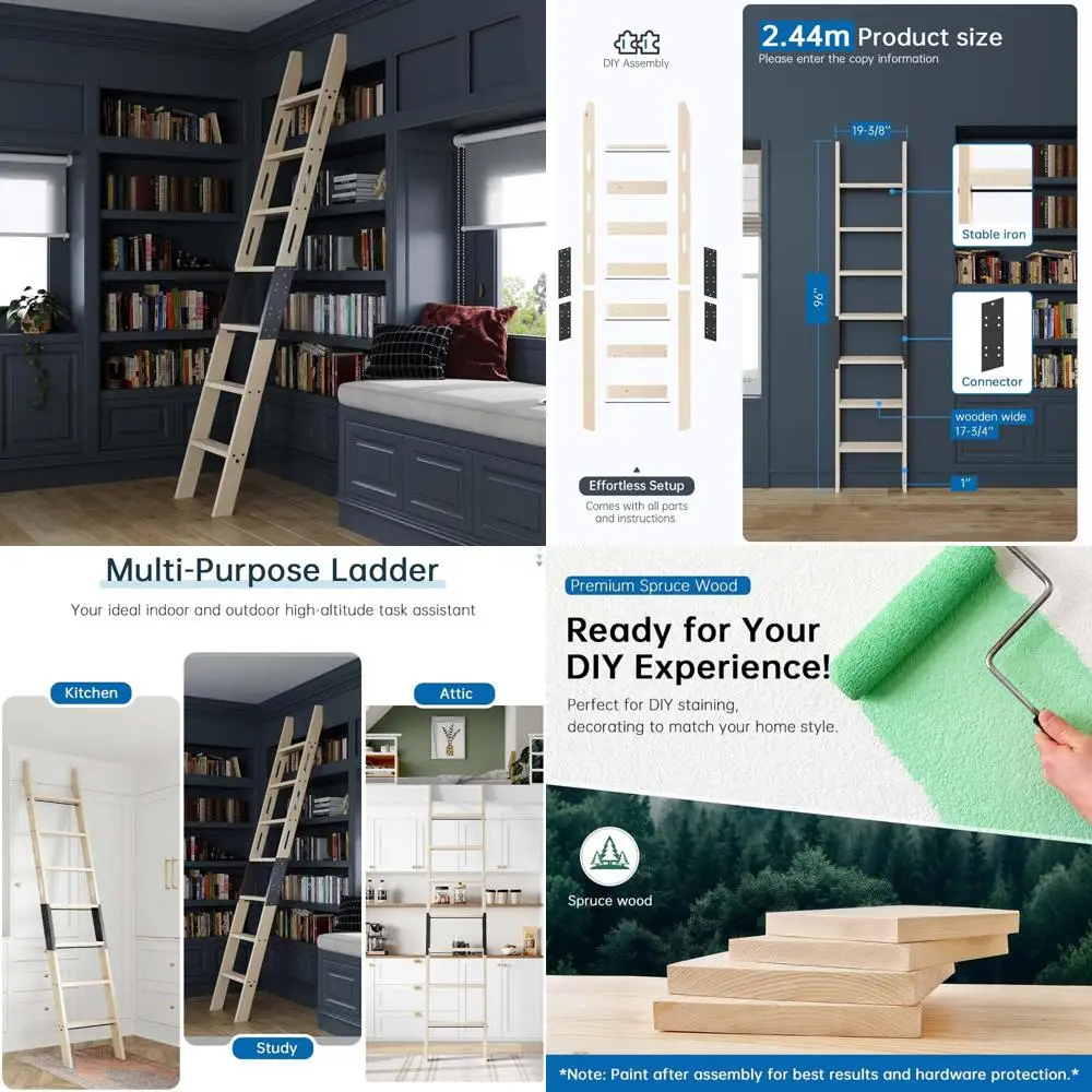 8-Foot Wooden Step Ladder with Integrated Handrail for Multi-Purpose Use: Loft Access, Library Shelves, Kitchen, Workshop, Craft