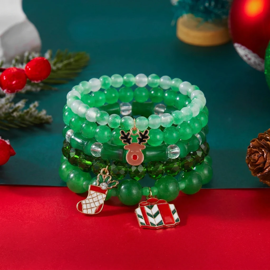 5 Stück Weihnachtsbaum-Elch-Anhänger-Armbänder für Frauen, handgefertigt, bunt, Kristall, mehrschichtig, Perlenarmbänder, Neujahr, Schmuck, Geschenke – Detail 6