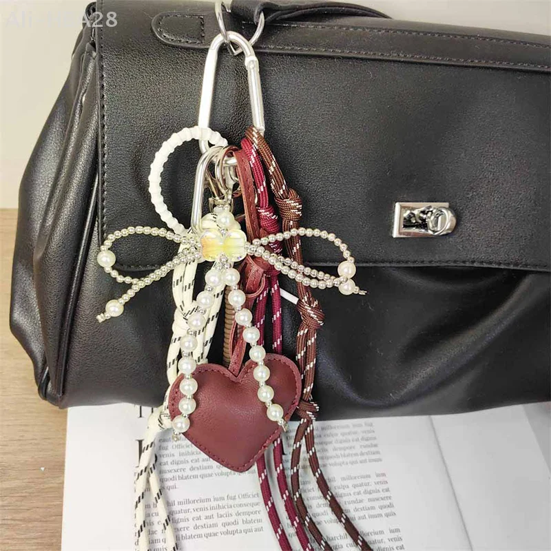 Vintage Wine Red Leather Heart Charm Pearl Bow Keychain Y2K Handmade Woven Ropes Keyring Trendy Bag Pendant Decoration