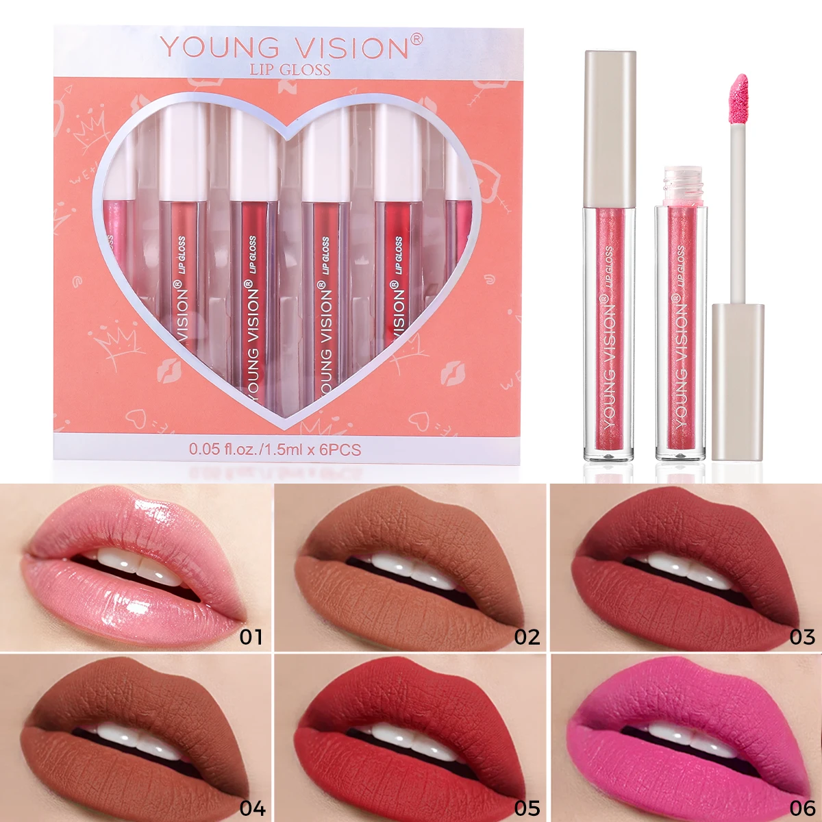 6-teiliges mattes Lipgloss-Set, 1 Stück Lippenaufhellungs-Lipgloss + 5 Stück flüssiger Lippenstift, wasserdicht und langlebig
