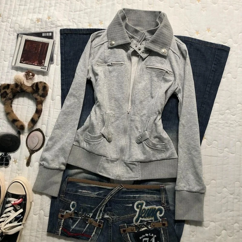 Amerikanische Vintage Langarm-Grau-Jacke mit Stehkragen Damen Streetwear Y2k Retro Niche Oberbekleidung Bodycon Reißverschluss Patchwork