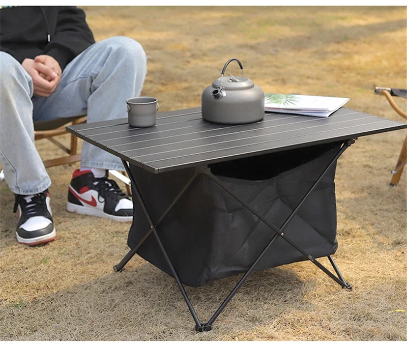 Outdoor Camping Portable Ultralight Black Aluminum Alloy Tables Mesh Storage Bag Camp Folding Table