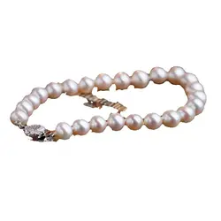 Single Strands south sea Natural 9-8mm White Real Pearl Bracelet 19-20cm Real Photos Rose Clasp Free Shipping