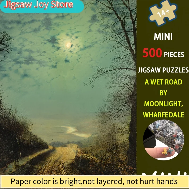 Quebra-Cabeça Mini Artístico de 500 Peças 'A Estrada Molhada à Luz da Lua' de Atkinson Grimshaw, Medindo 15X10 Polegadas. É feito de