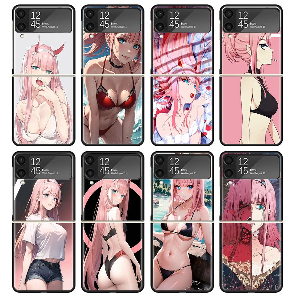 Zero Two Darling In The Franxx 02 Custodia per telefono per Samsung Z Flip 6 5 4 3 Galaxy ZFlip6 5G Flip5 Flip4 Nero Duro Protezione per fotocamera