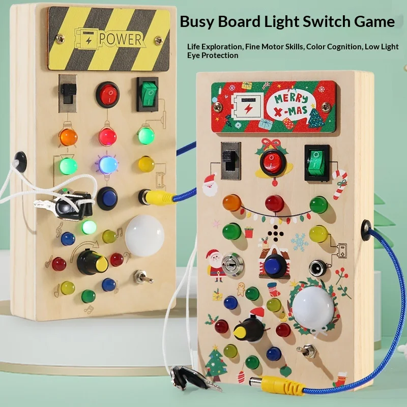木製ビジーボード-ledライト付き-電源ボタン-信号機ダイヤル-モンテッソーリ教育玩具-幼児用-4-6歳向け