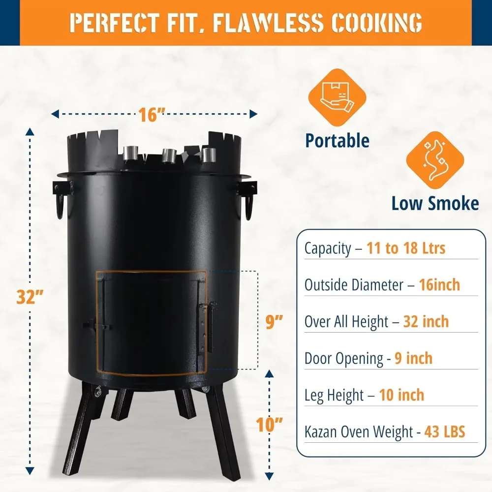 Simond - Horno Kazán de fuego uzbeko - Acero de aleación de 16"" de diámetro, estufa uzbeka Kazan de 11-18 L de capacidad con brochetas para cocinar, portátil