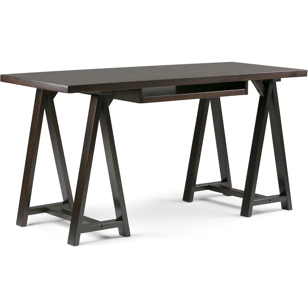 

Desk - Deep chestnut brown 60 inch wide solid wood writing desk, modern industrial home office computer