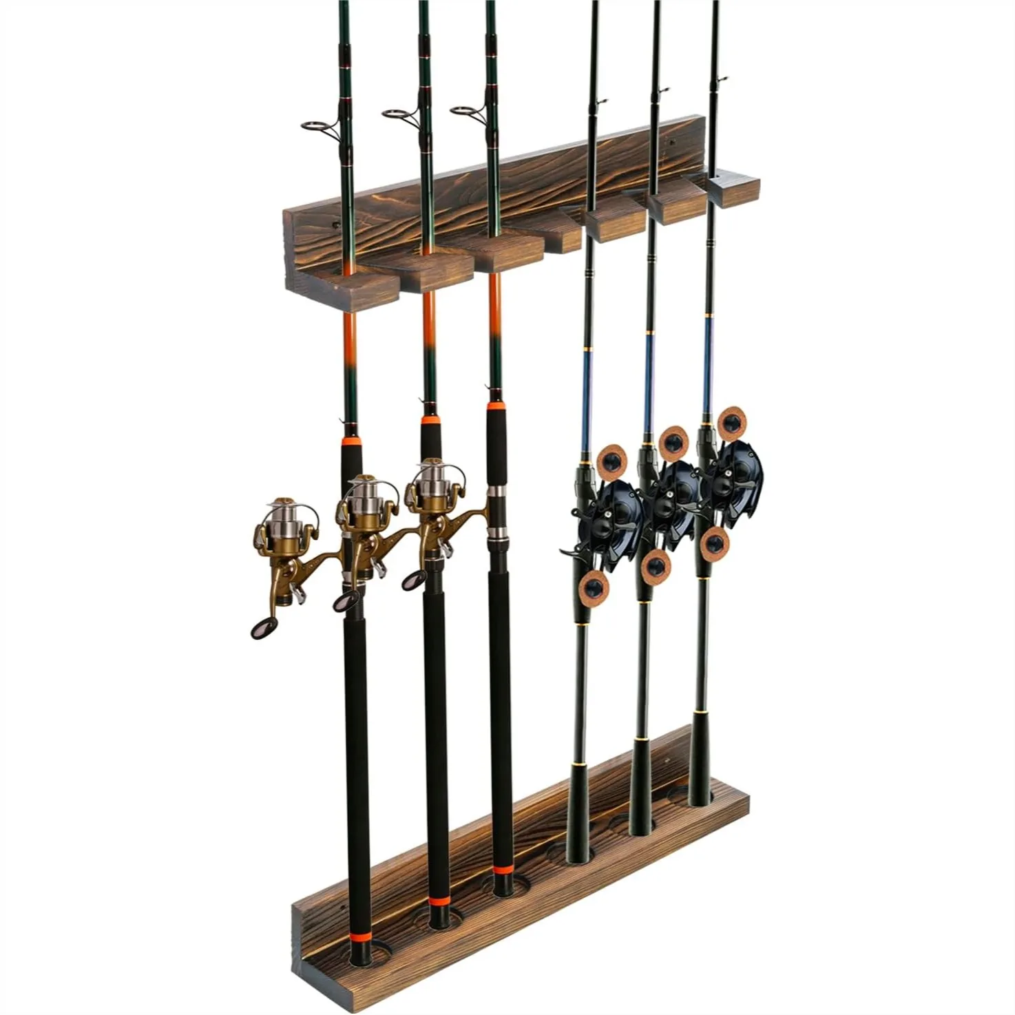 

Wall Mounted Fishing Rod Holder for Garage, Adjustable Vertical Storage Rack Holds 6 Poles, Burnt Wood Design