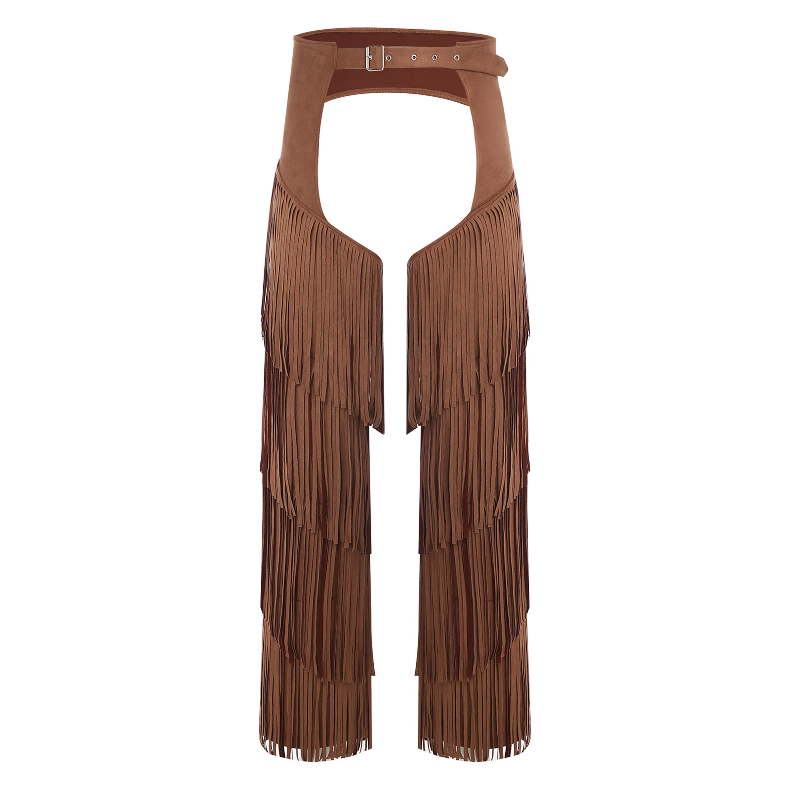 Mens Western Cowboy Chaps Fuax Suede Tassel Hollow Out Open Crotch Long Pants Adjustable Buckles Waist Motorcycle Biker Trousers view 2