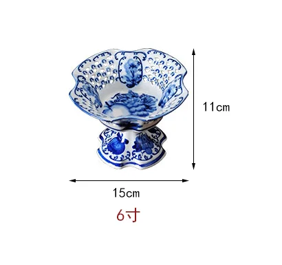 Blue and White Ceramic Plate Tall Feet Fruit Bowl Refreshment Tray Hollow Snack Decorative Plates Dish Home Tableware