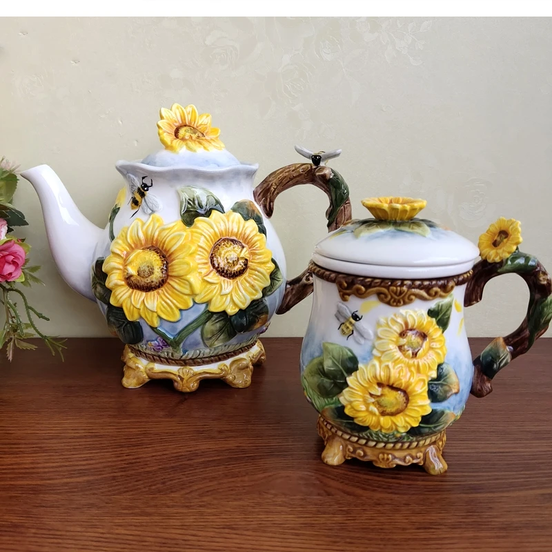 European Hand painted underglaze color Ceramic Teapot Tea Cup Sunflower with strainer household infuser