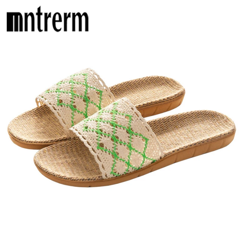 Mntrerm 2022 Lace Linen Slippers Women\'s Summer Home Shoes Indoor Non-Slip Wooden Floor Mute Four Seasons Sandals And Slippers