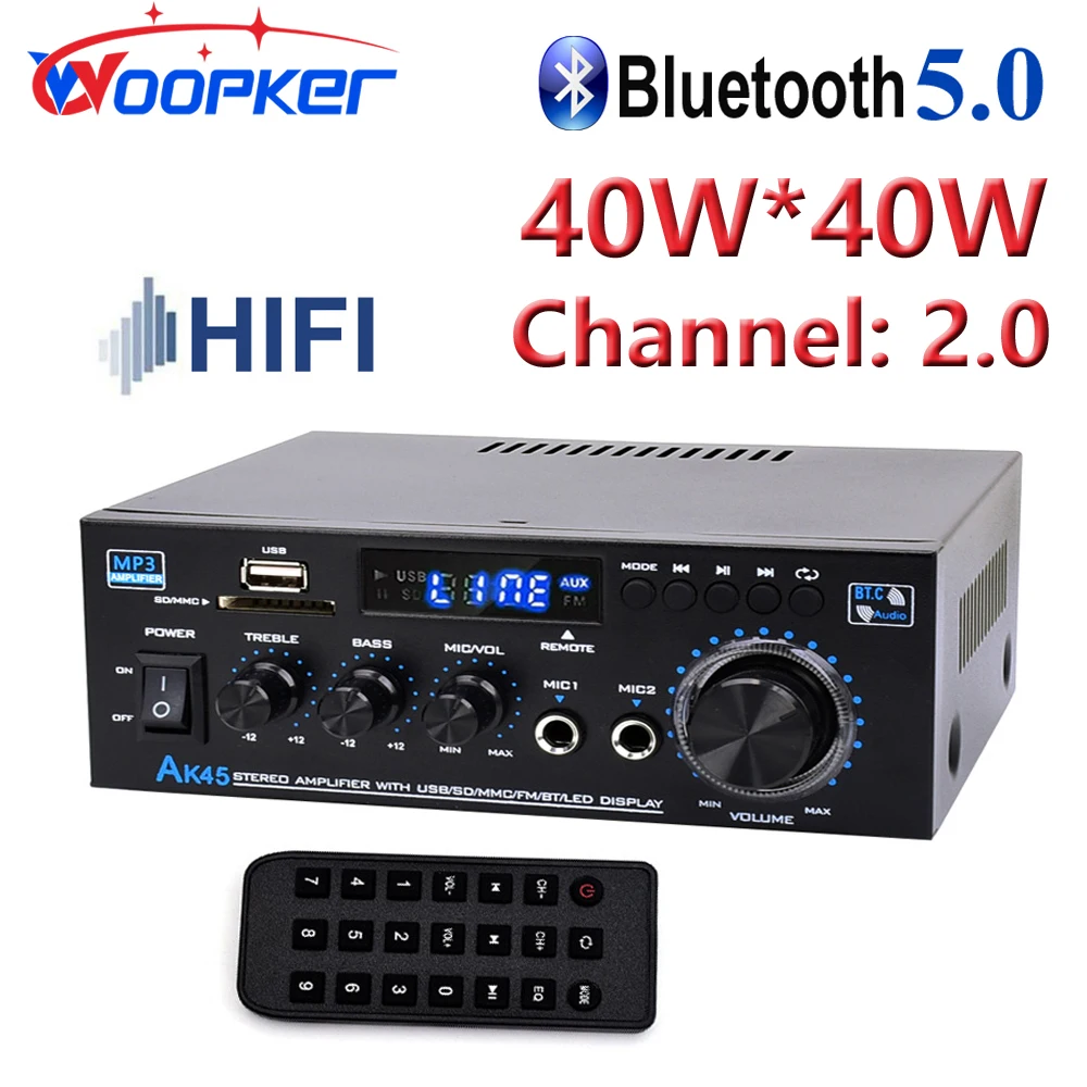 Woopker Amplifier AK45 HiFi Digital Amplifier Max Power 90Wx2 Channel 2.0 Bluetooth Surround Sound AMP Speaker for Home Car