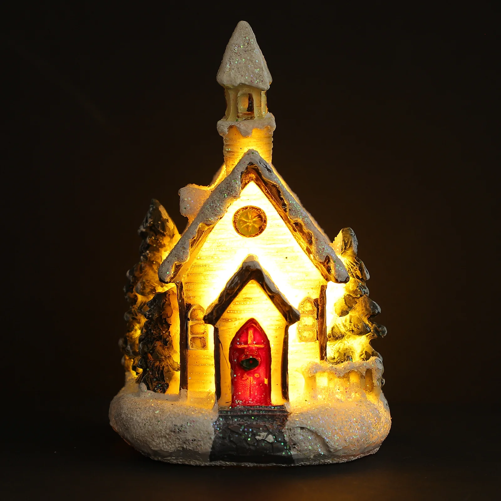 

Xmas Small Decor Lighted Miniature Christmas Village Resin Ornament for Indoor Outdoor Holiday Fireplace Mantle Decoration