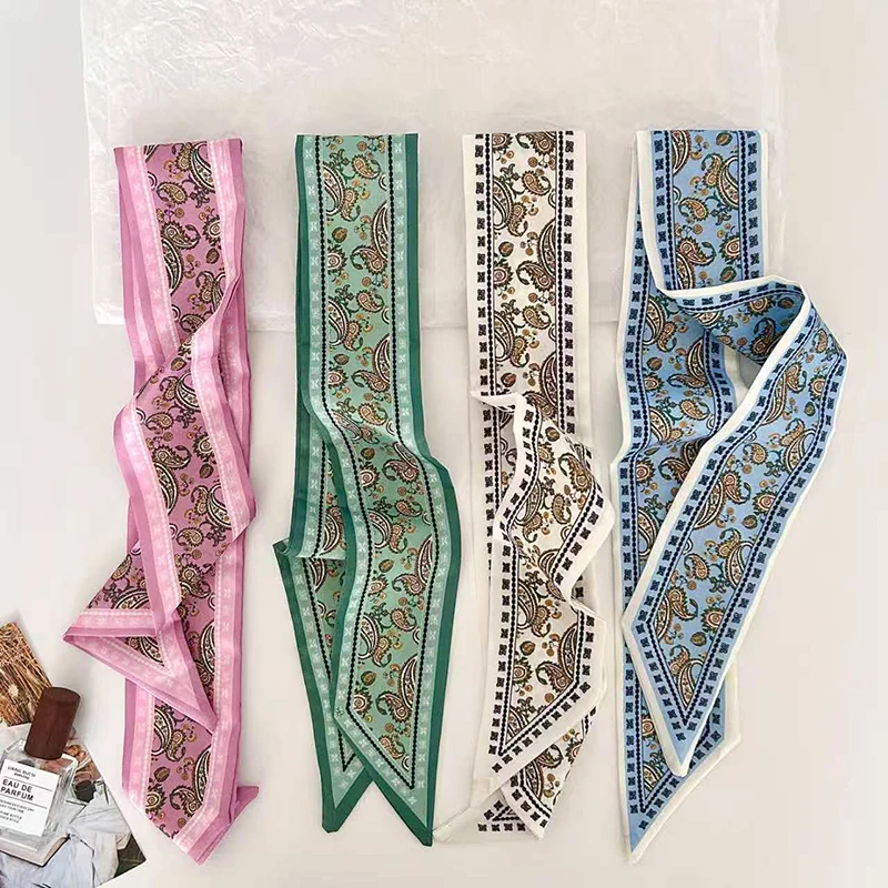 

Woman Skinny Silk Scarf Long Hair Strip Silk Ribbon Small Neck Scarves Paisley Bag Handle Ribbon Kerchief Lady Tie 90Cm*6Cm