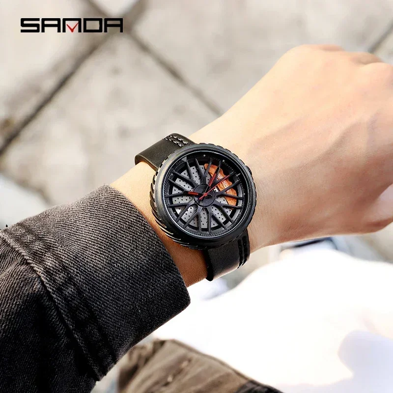 SANDA P1042 Watches Rim Hub Wheel Wristwatches Male Clock Sport Car Custom Design Creative WristWatch Relogio Masculino