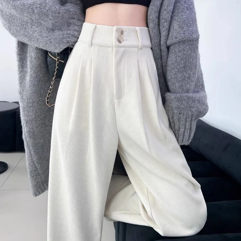 Pantalon de costume coréen en velours côtelé pour femmes, Baggy taille haute, jambes droites, classique de styliste, pantalon fin blanc