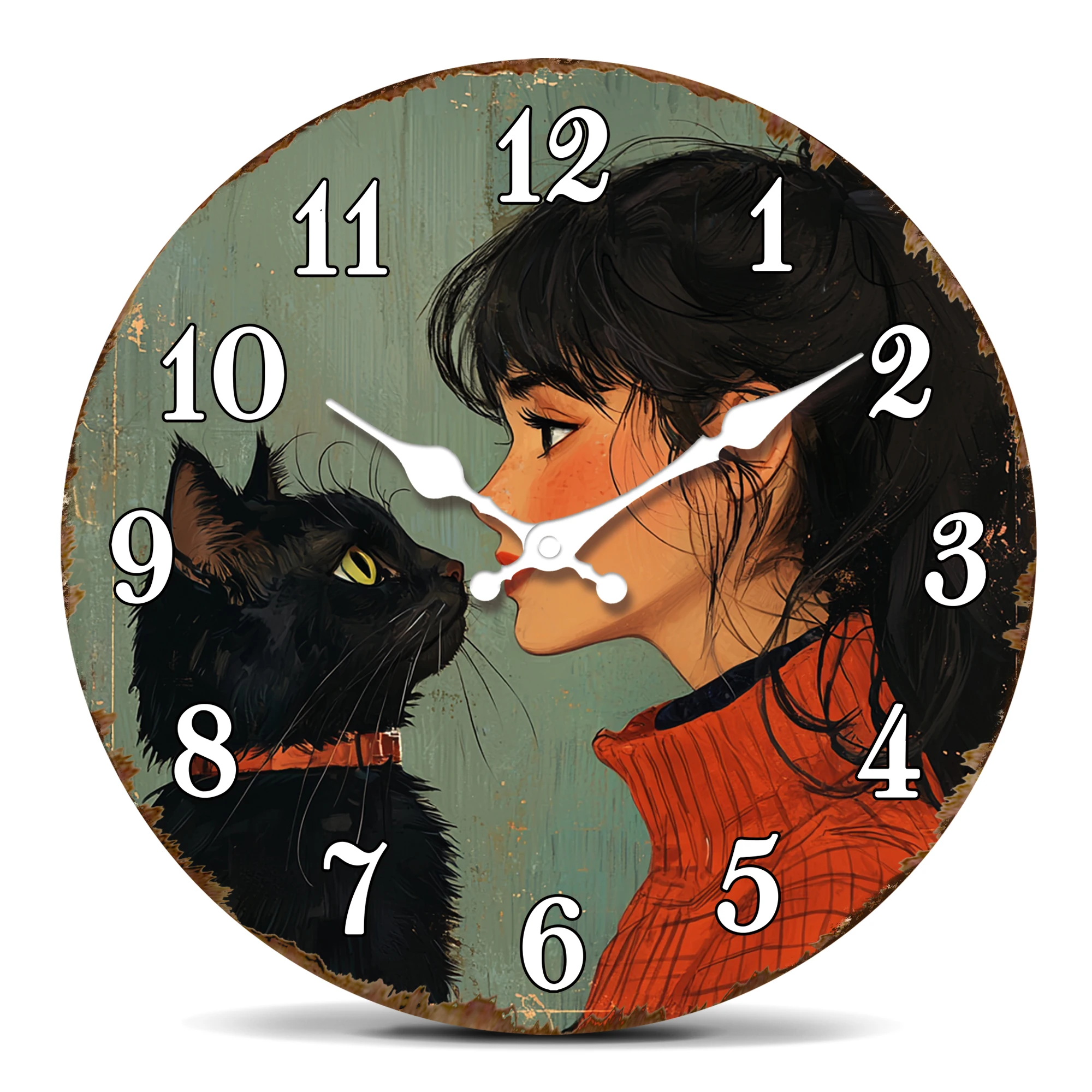 Vintage-Kunst-Wanduhr: Kissing-Design für Mädchen und schwarze Katze, einzigartige dekorative Uhr für Zuhause und Büro, leises Wanduhr-Geschenk