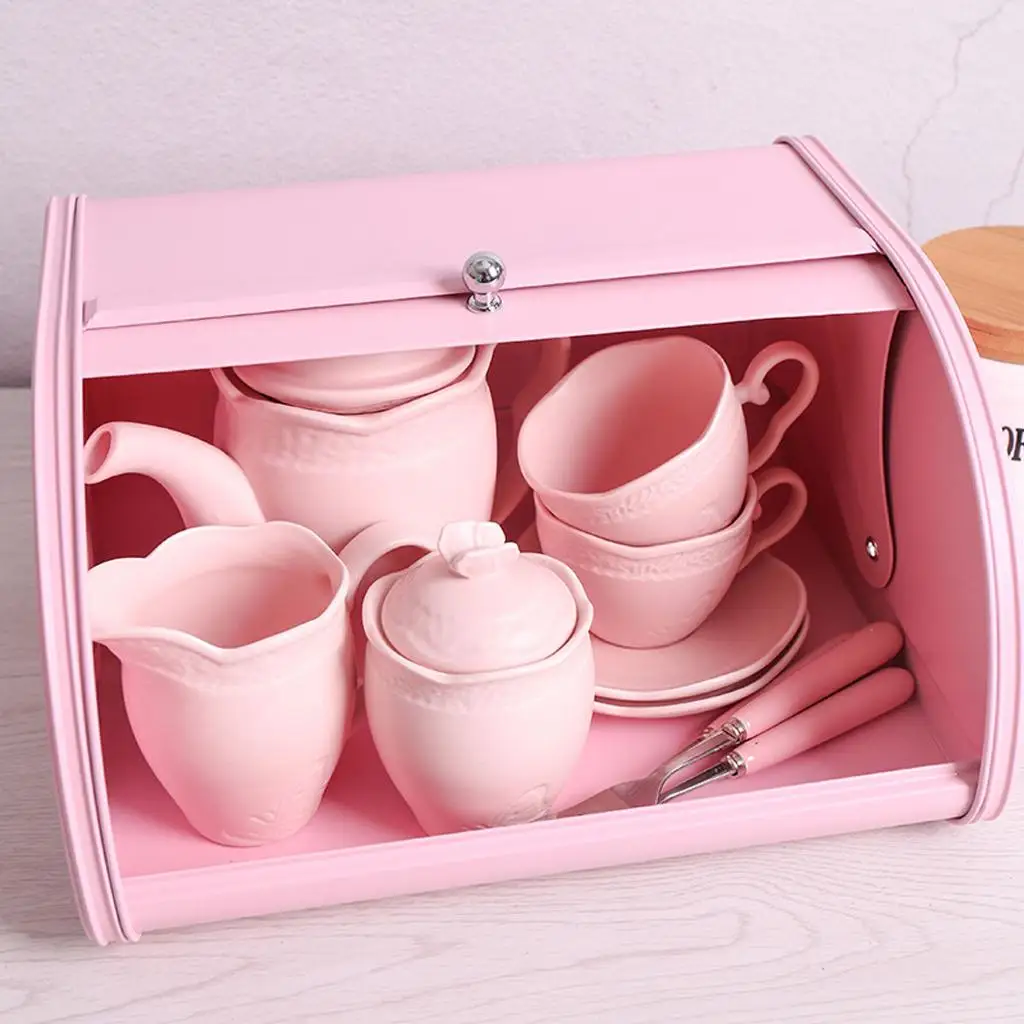 Iron Bread Box Retro Bin Cake Pastry Lid Storage Organizer, black color pink , for Pastries, Toast And