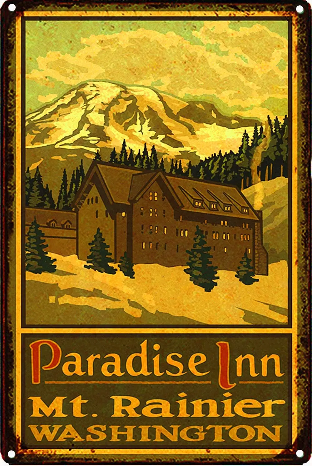 tuya Vintage Tin Poster Paradise Inn Mt.Rainier Washington Rust Metal Tin Sign 8x12 Inch Retro Art Home Kitchen Bar Restaurant G