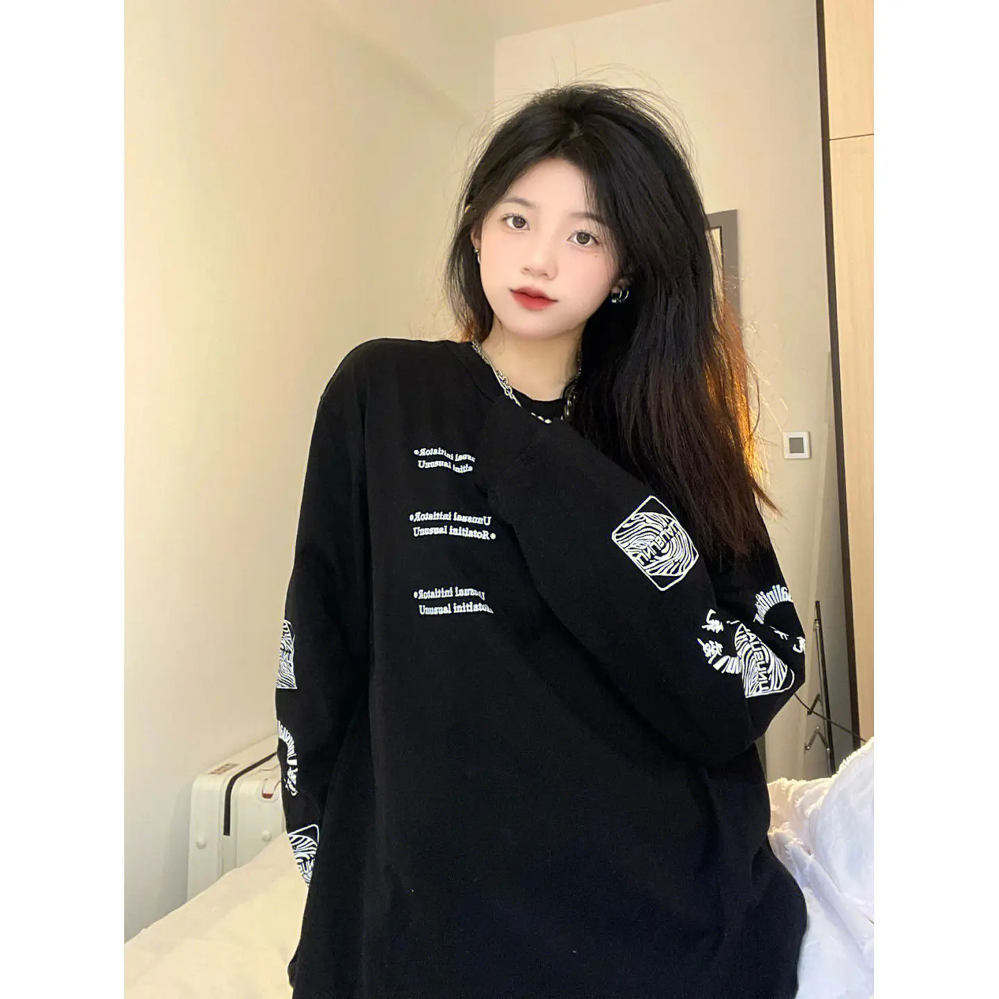 Oversized Women Clothing Casual Printing O-neck T-Shirts Autumn Street Casual All-match Long Sleeve Loose Top Tee Trend Tshirt